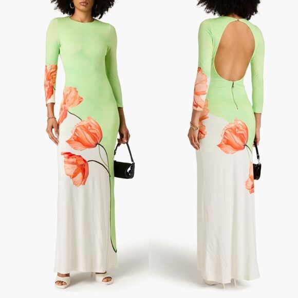 Alice + Olivia Delora‎ Open Back Green Tulip Print 3/4 Sleeve Crew Maxi Dress 6 - Picture 7 of 12